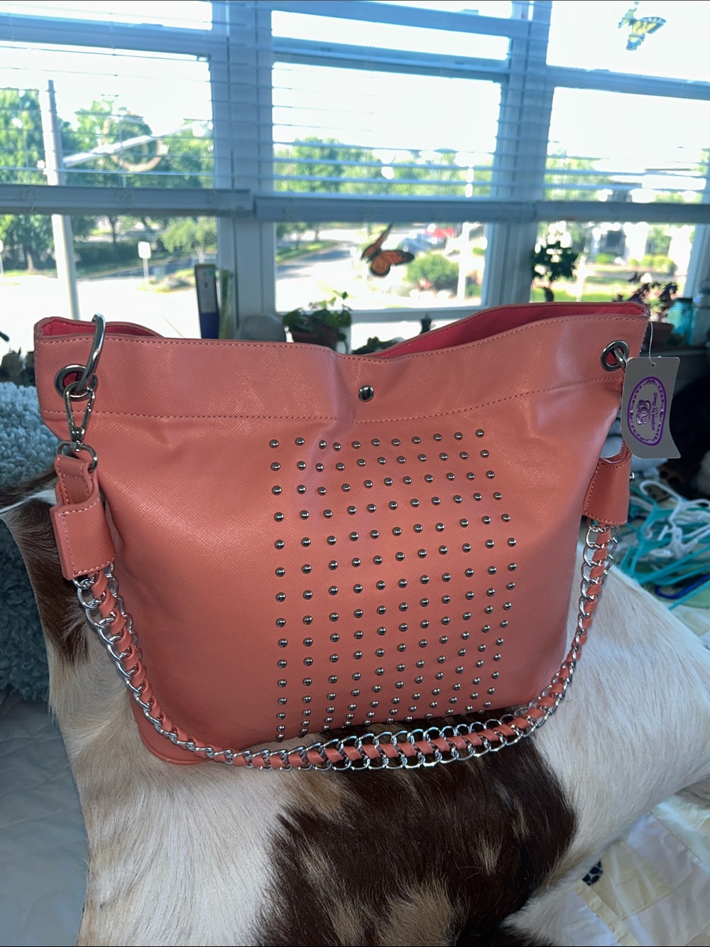 Sharif Silver Studded Coral Tote Bag with Dual Chain Straps 17”x 6.5”x 12.5” NWT - Picture 7 of 14